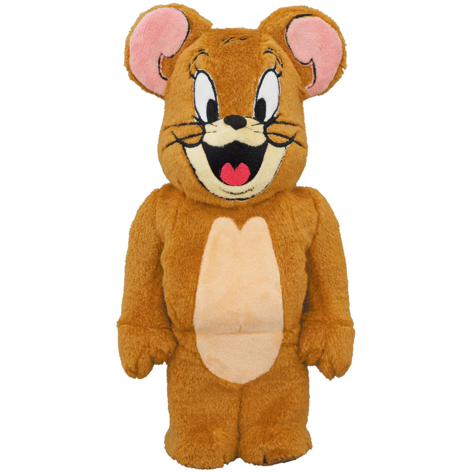 Front view of  view of the 400% Bearbrick Jerry Costume Version, showcasing its detailed design with a smiley face and craftsmanship