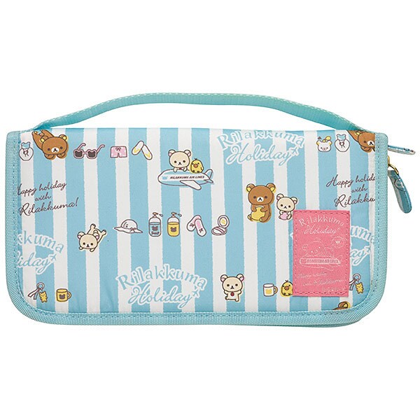 Front view of San-X Rilakkuma passport case with blue striped background and cute character illustrations