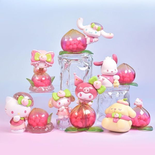 Complete set of Sanrio Vitality Peach Paradise collectibles featuring characters atop peach-themed bubbles