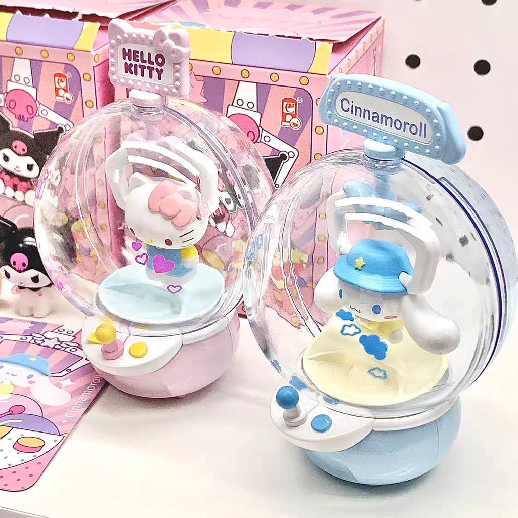 Sanrio Hello Kitty and Cinnamoroll Blind Box with Hello Kitty and Cinnamoroll placing inside a toy vending machine