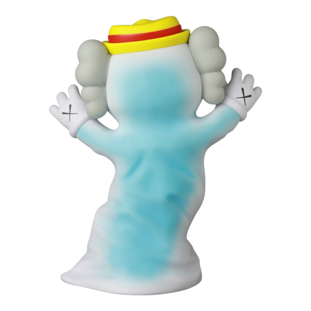 Rear view of the blue artistic figure, showcasing the unique blend of classic character design with a modern artistic twist, complete with crossed-out eyes.