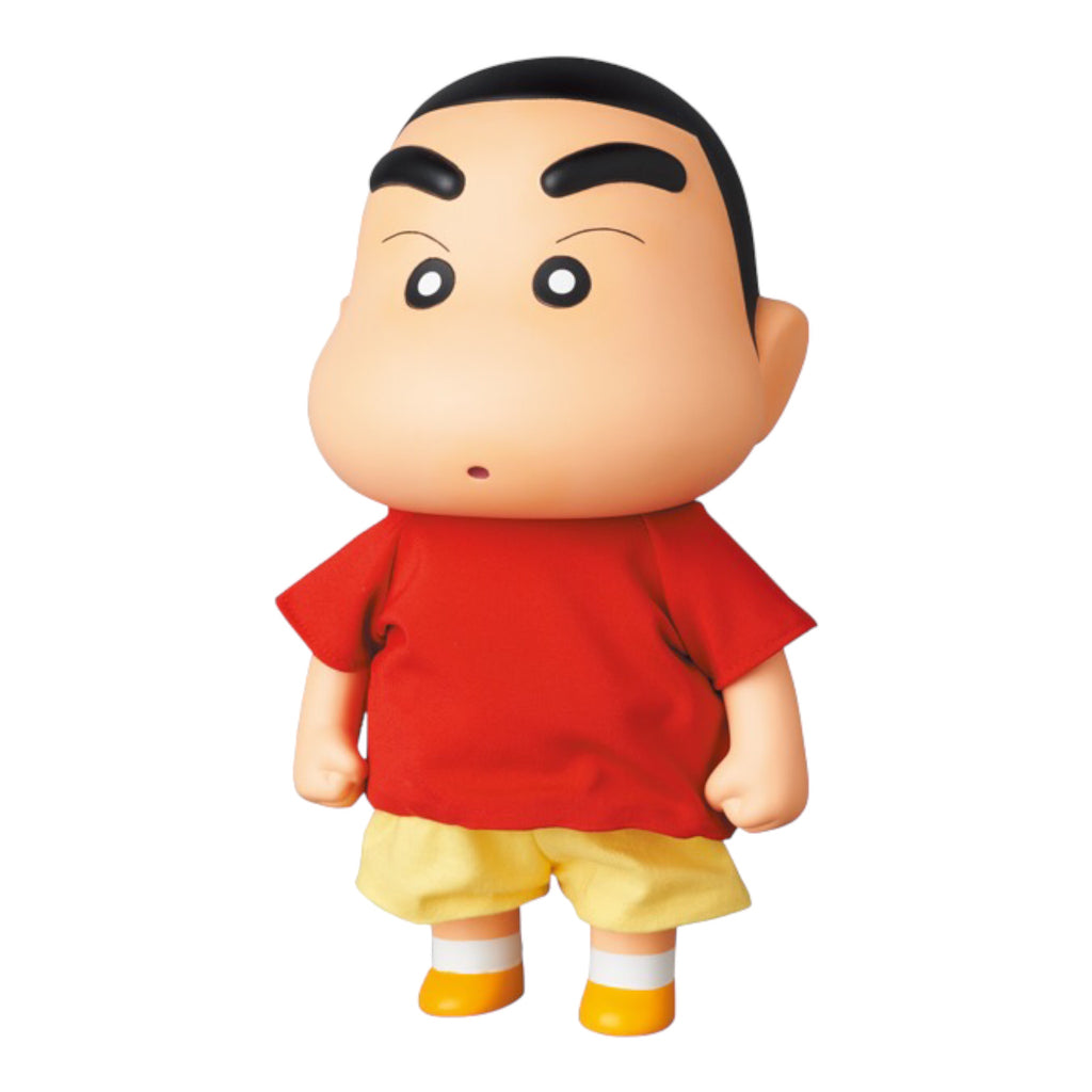 Front view of Shin-Chan Early Anime Version action figure with red shirt and yellow shorts.
