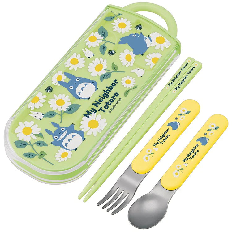 Green Totoro-themed cutlery set, consisting of a fork, spoon, and chopsticks, all with Totoro and daisy designs on the handles, placed next to a matching green case.
