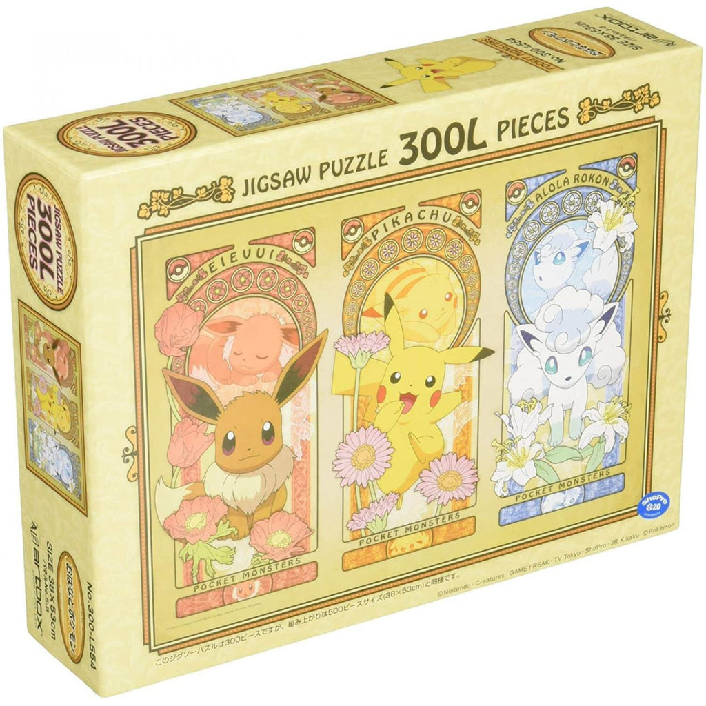 Packaging for the 'Pokémon and Flowers' 300-piece jigsaw puzzle, showcasing Eevee, Pikachu, and Alola Vulpix in an enchanting floral setting.