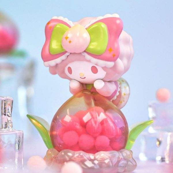 Sanrio character My Melody from the Vitality Peach Paradise Blind Box, in a pink dress with peach motifs.