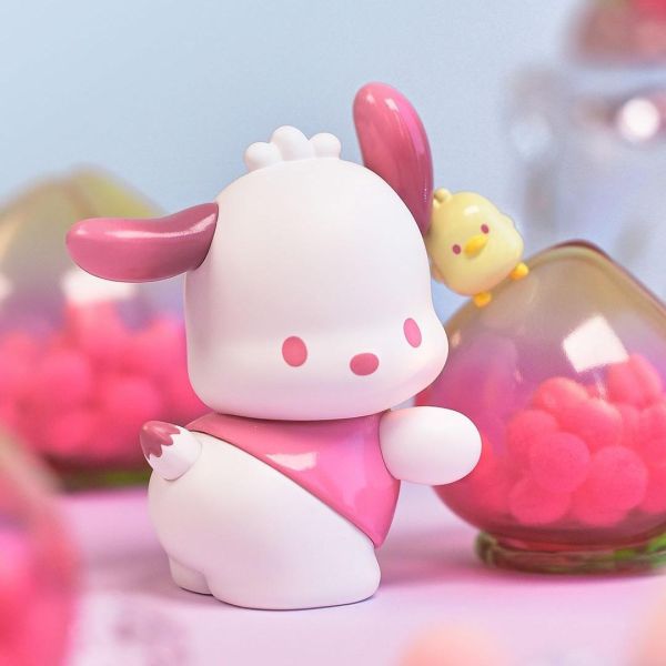 Sanrio Vitality Peach Paradise Blind Box figure featuring a cute white and pink character with a small yellow bird companion, sitting beside a translucent peach bubble.
