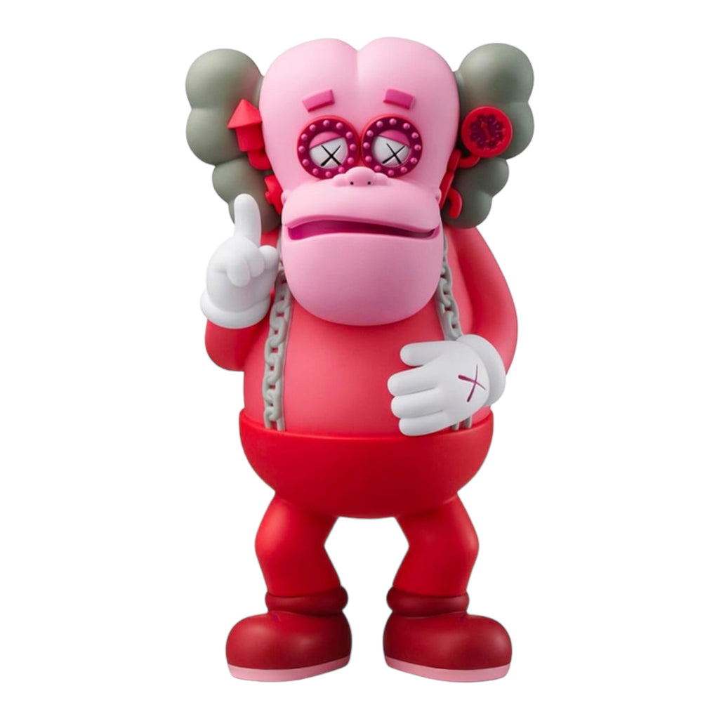 A collectible figurine in a vibrant pink and red hue, featuring the artist's signature crossed-out eyes, standing with a phone to its ear