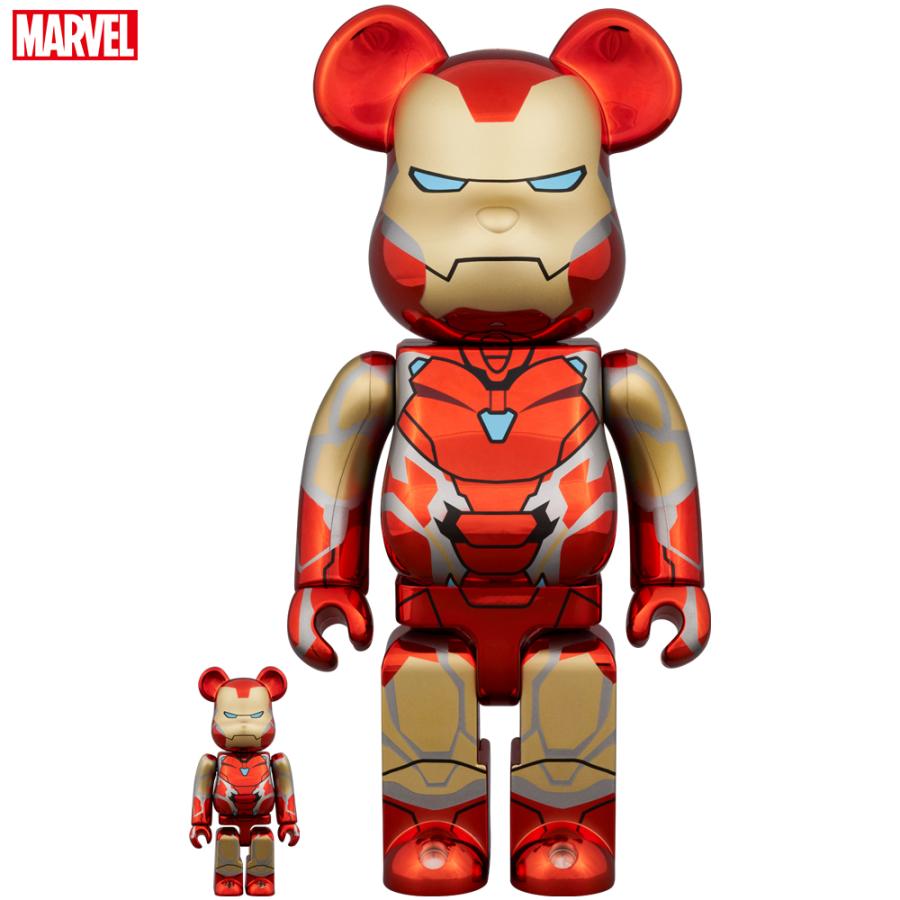 Bearbrick Iron Man Mark85 in 400% and 100% sizes, finished in a reflective chrome, standing against a white background with the Marvel logo above.