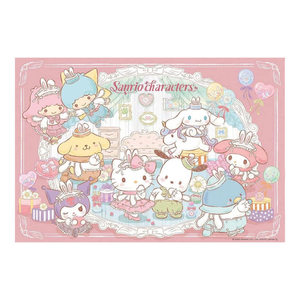 Completed Sanrio characters puzzle featuring popular figures like Hello Kitty and My Melody in a pastel-themed tea party setting.