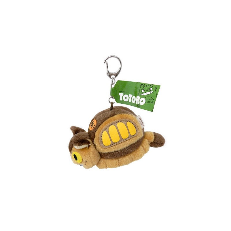 Studio Ghibli Totoro Catbus plush keychain with detailed side view, showcasing the iconic character's windows and smiling face.