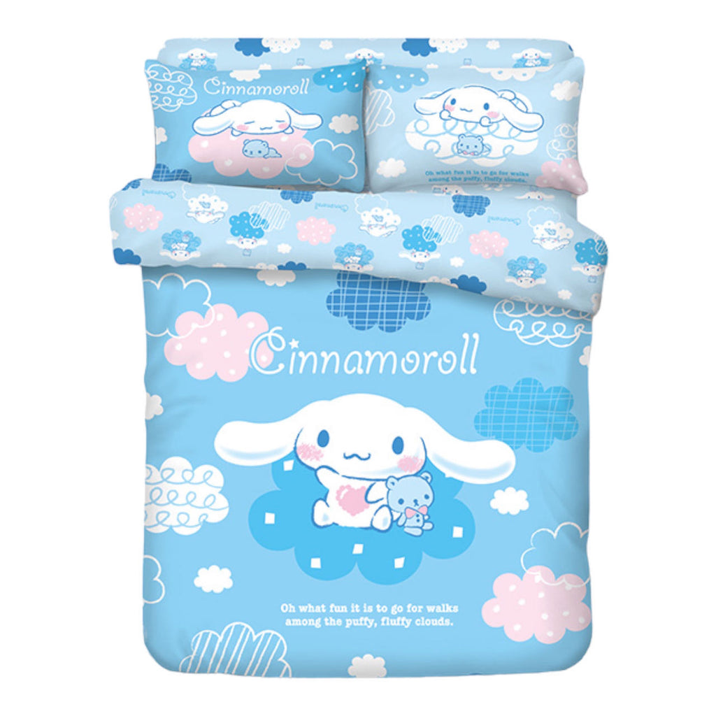 Sanrio Cinnamoroll bedding set in light blue, showcasing Cinnamoroll floating among whimsical clouds and playful motifs.