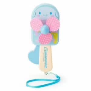 Sanrio Cinnamoroll portable hand fan with a blue and pink design, featuring a smiling character face and attachable wrist strap.