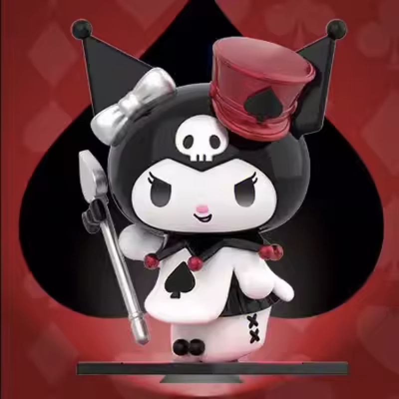 Sanrio Kuromi Poker Kingdom Blind Box toy in a black and red jester costume with a poker staff.