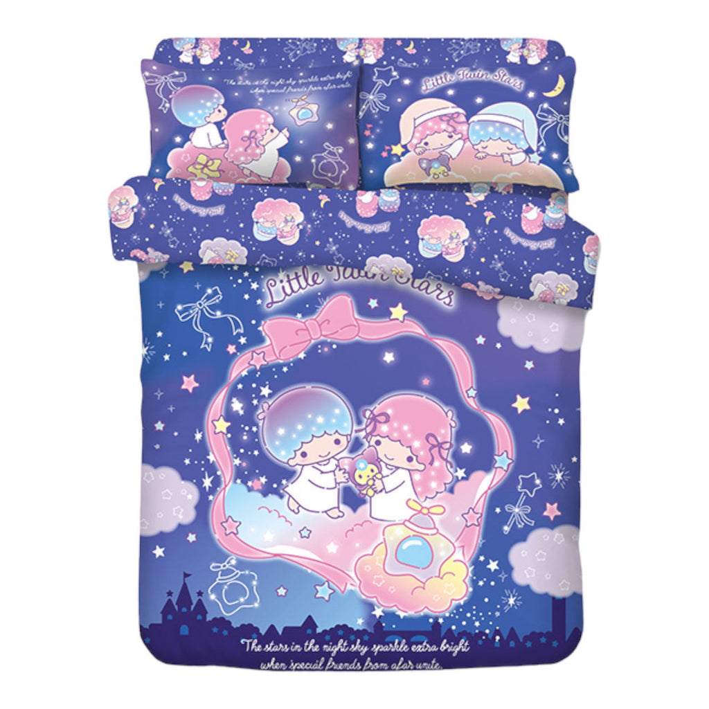 Sanrio Little Twin Stars Bedding Set displayed, featuring Kiki and Lala in a celestial design with clouds and stars on a deep blue background, complete with pillowcases and sheets