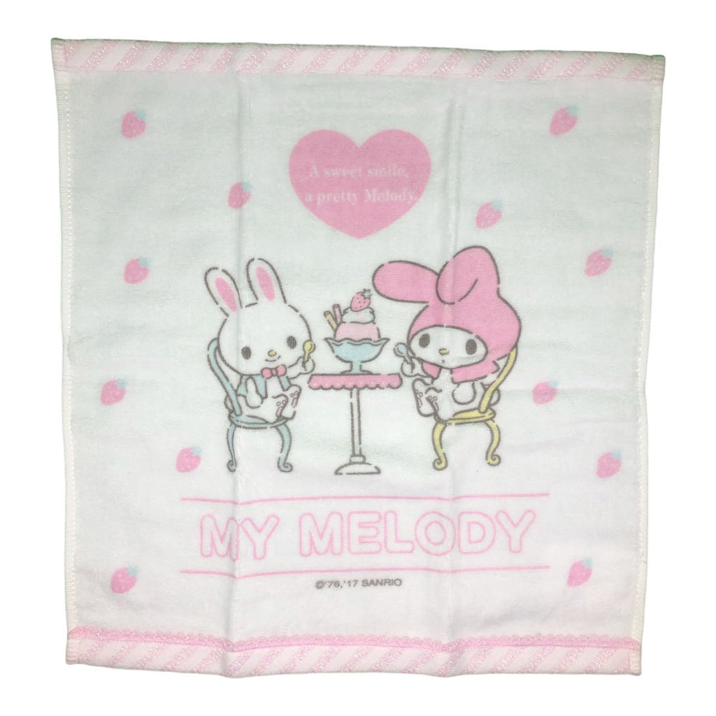 Soft pink square facial towel featuring My Melody sitting a table and enjoying the ice cream with her bunny friend
