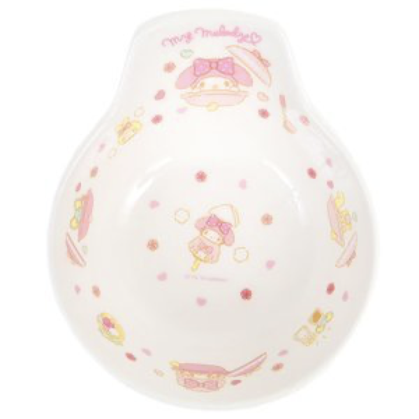 Top view of Sanrio's My Melody heart-shaped ceramic bowl with playful My Melody illustrations and pink accents
