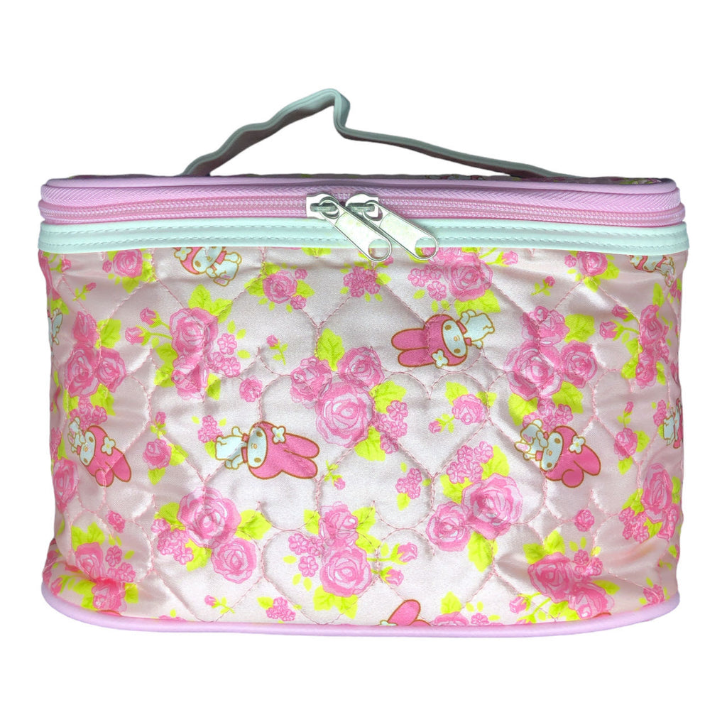 Quilted Sanrio My Melody cosmetic bag with a floral and character print, pink and mint colors, and a zippered top.