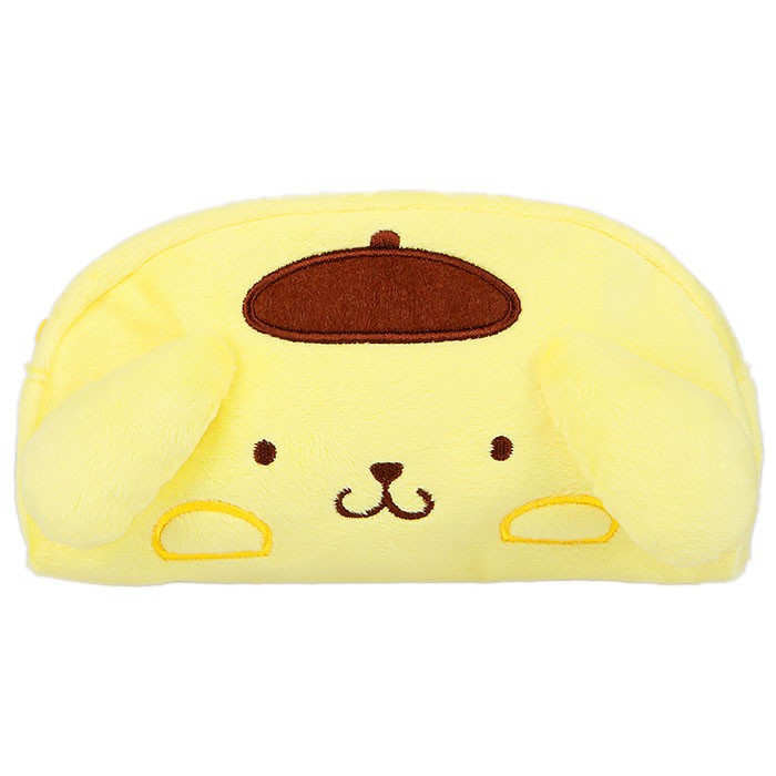 Front view of Pompompurin plush pouch with face design, showing the zipper and ear details