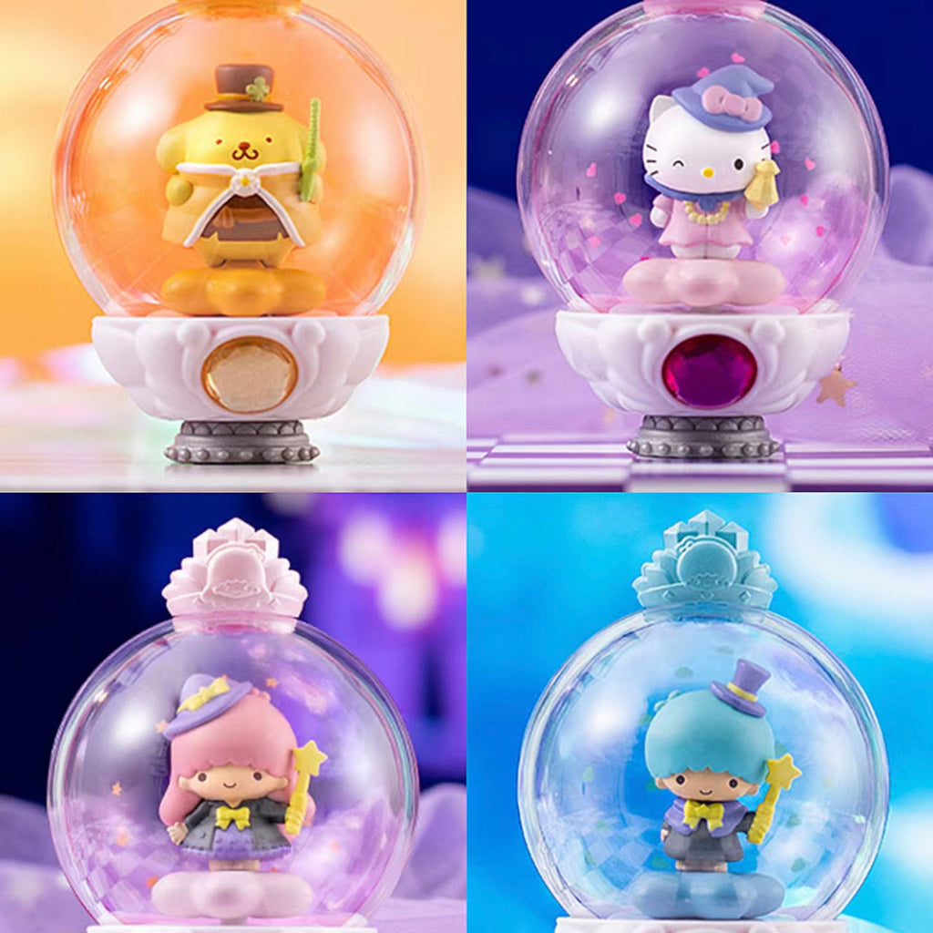Assorted Sanrio characters in a magic fairy wand series, showcased within transparent globes on themed pedestals.