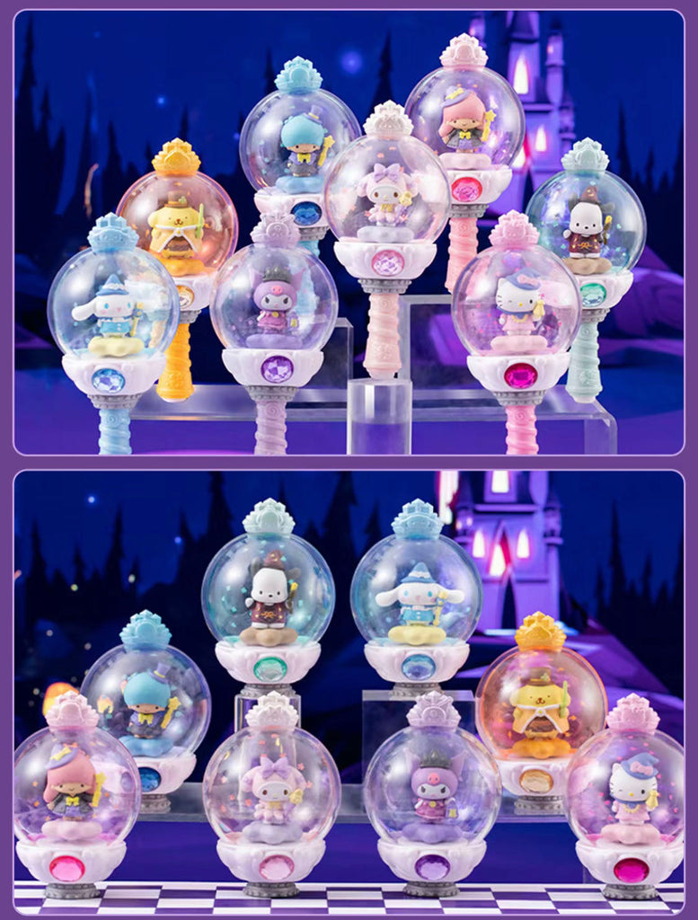 Close-up view of four Sanrio Characters Magic Fairy Wand II collectibles in detail, each encased in a clear globe with individualized fairy-tale designs.