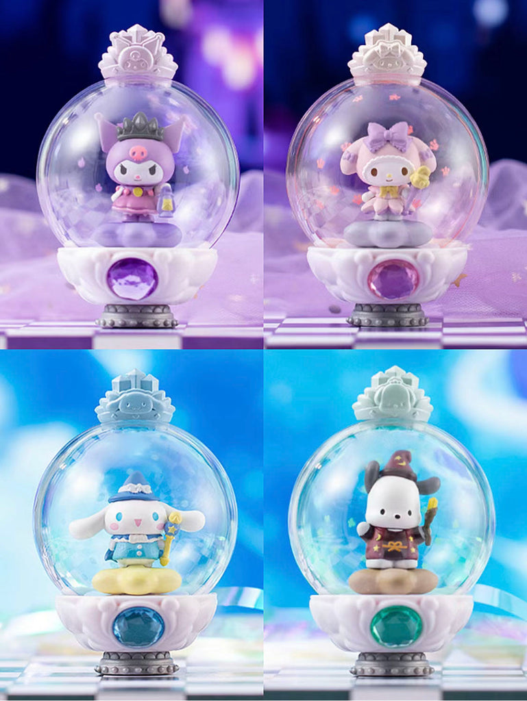 Collection of Sanrio Characters Magic Fairy Wand II blind boxes, with various characters displayed in mystical settings inside clear spheres.