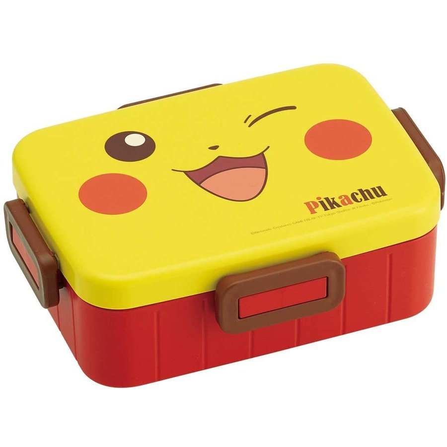 Closed Pikachu Lunch Box with a happy face design, combining bright yellow and red colors for a playful mealtime accessory.