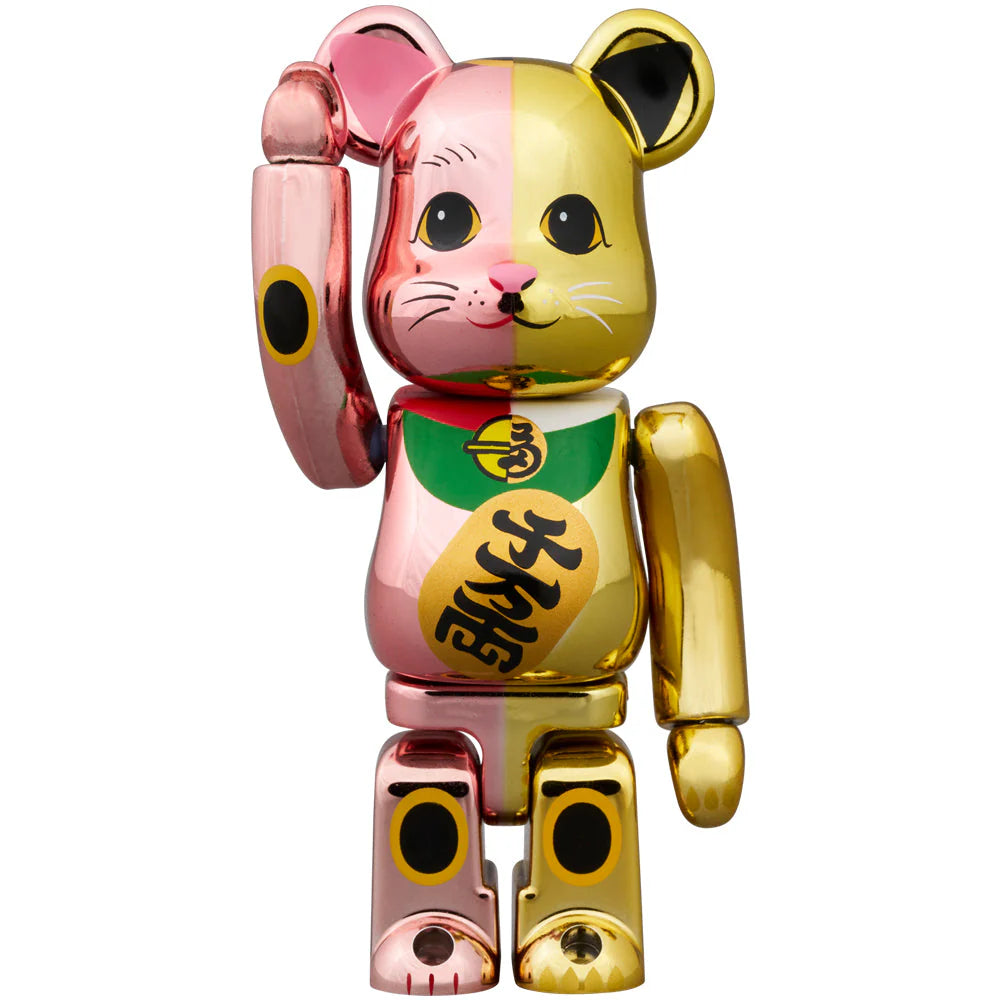 Close-up of the smaller BE@RBRICK Manekineko figure in pink and gold plating, showcasing its fine details.