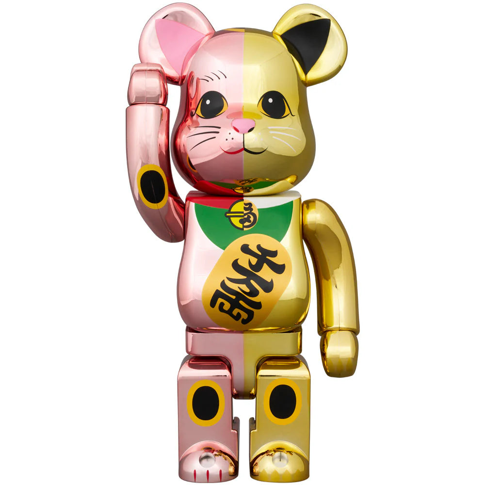 Full view of the larger BE@RBRICK Manekineko figure in gold and pink plating with iconic lucky cat design.