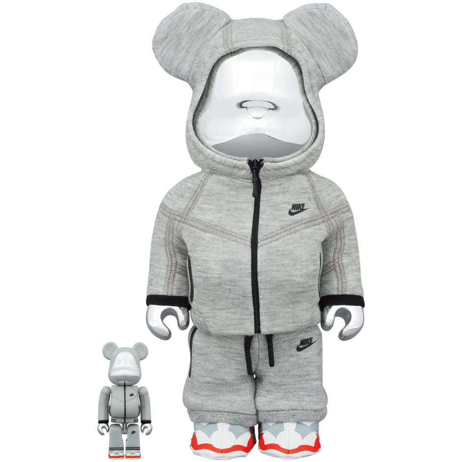 Bearbrick figures in 400% and 100% sizes, showcasing the distinctive NIKE Tech Fleece N98 design, blending athletic style with modern collectible art.