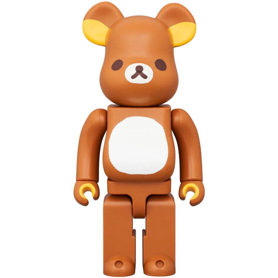 Bearbrick 400% Rilakkuma collectible figurine in front view, showcasing the character's adorable bear face and brown shirt