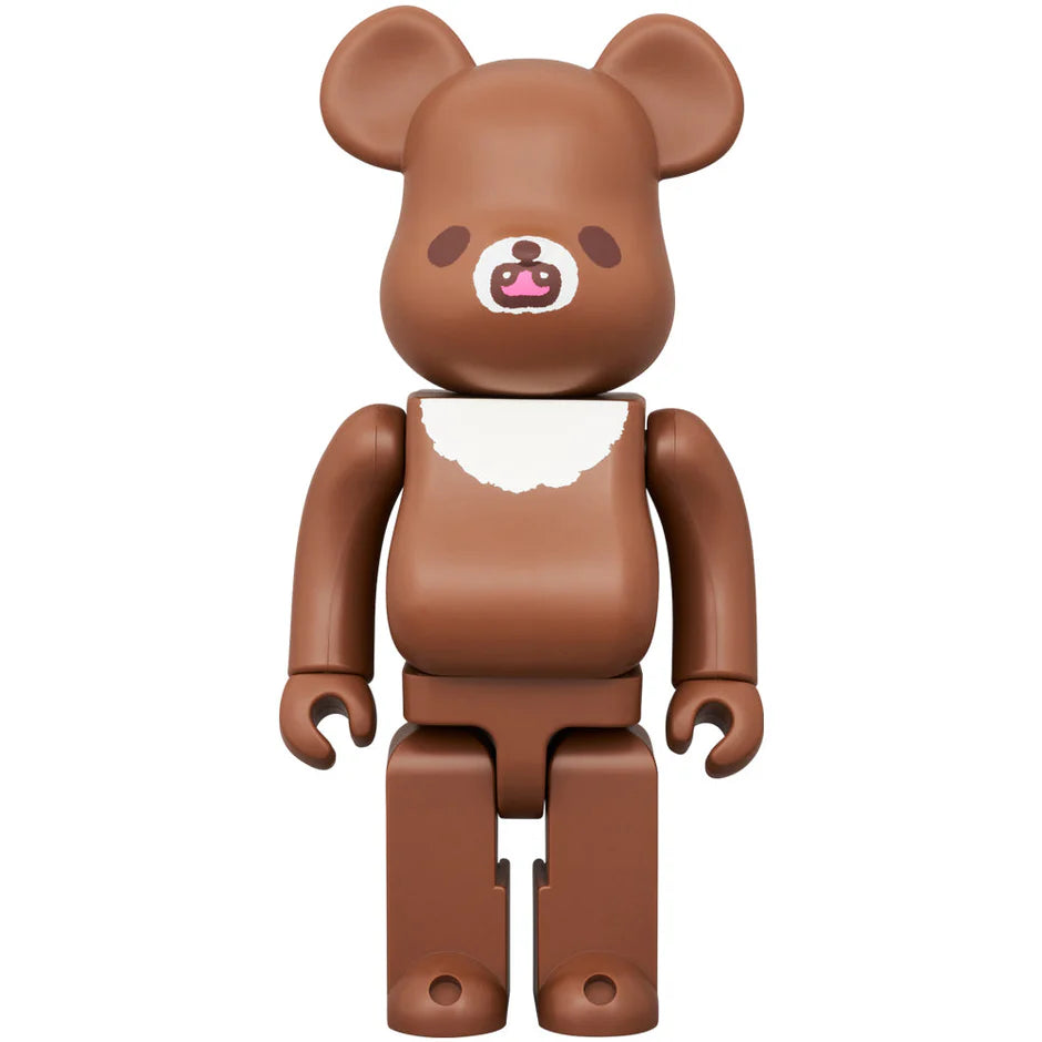 Front view of Bearbrick 400% Chairoikoguma figurine showing its characteristic brown color and white belly patch.
