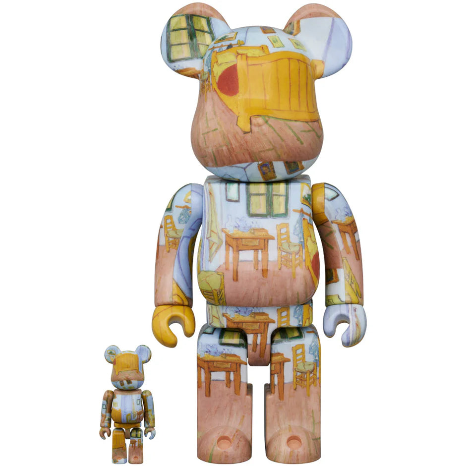 Front view of the Bearbrick 400% & 100% Van Gogh "The Bedroom" figures, featuring the iconic painting wrapped around the larger and smaller Bearbrick figures.