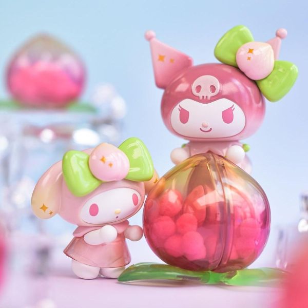Sanrio character My Melody from the Vitality Peach Paradise series, with a pink bow Kuromi and sitting on a transparent peach bubble.