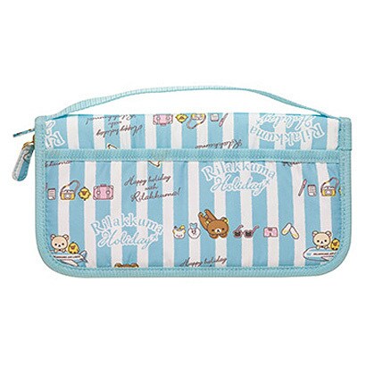 Blue and white striped Rilakkuma passport case pouch with adorable holiday-themed designs