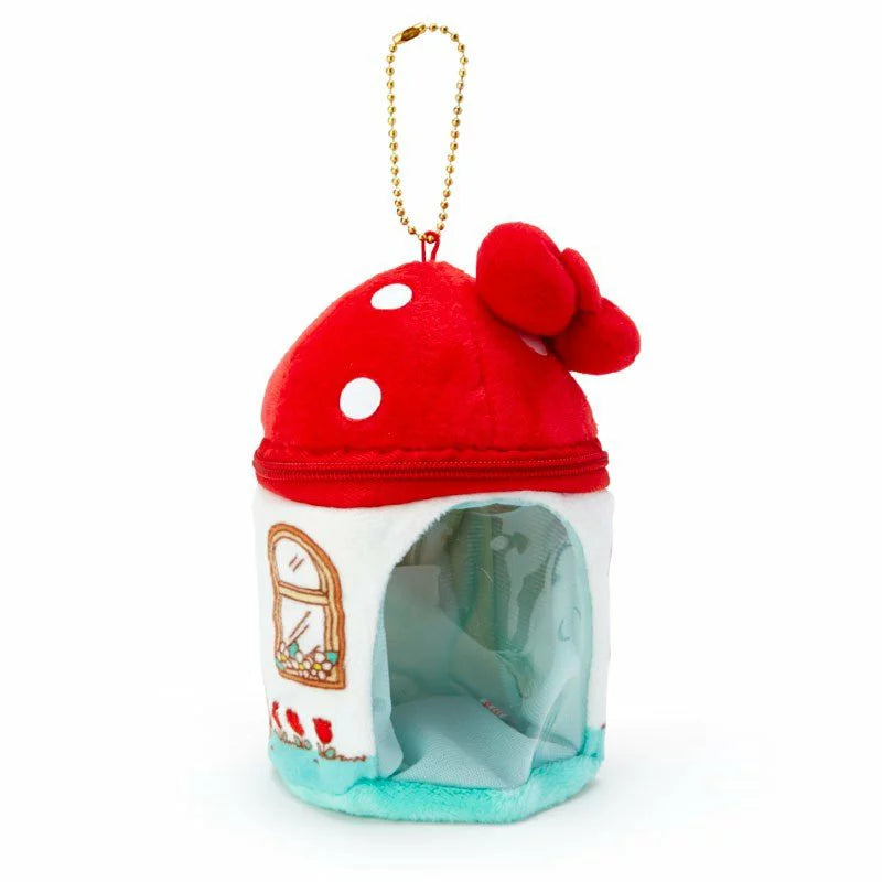 Sanrio Hello Kitty Mushroom House Plush Charm with red cap and white dots, hanging chain included