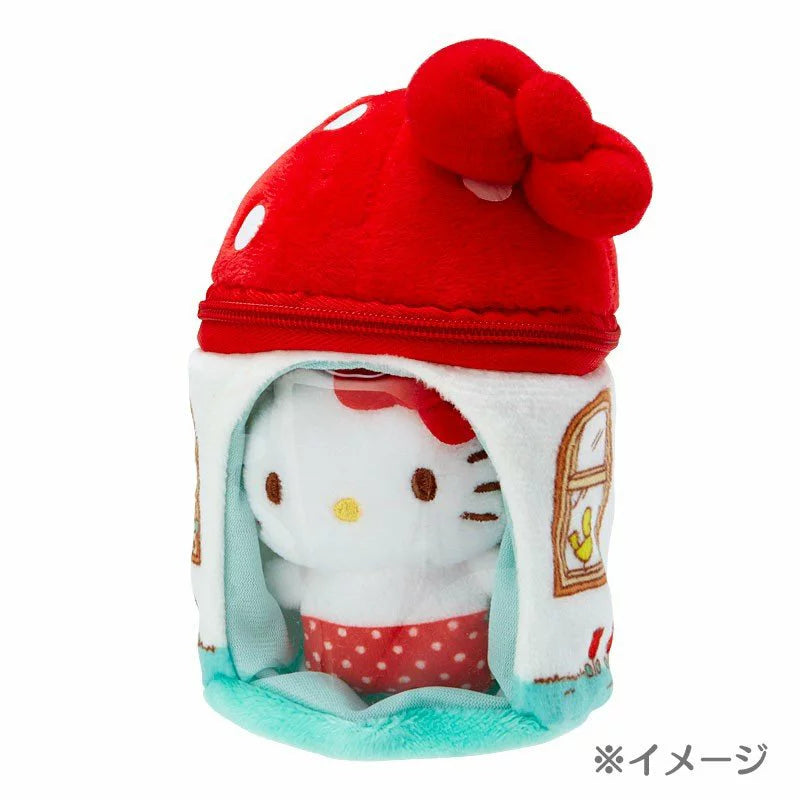 Open view of Hello Kitty Mushroom House charm with a peeking Hello Kitty plush inside