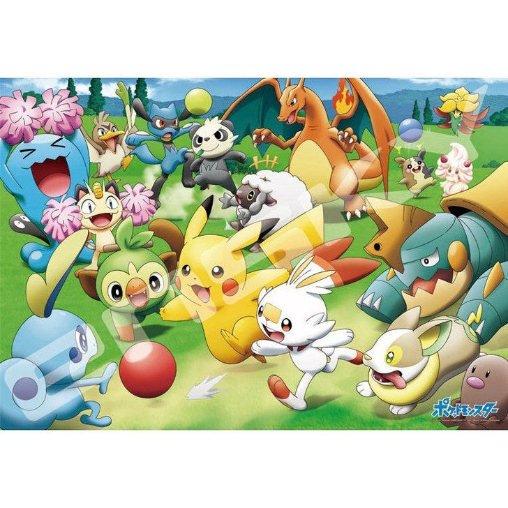 Completed Pokemon jigsaw puzzle showcasing animated Pokemon like Pikachu, Charizard, and more in a lively scene of playing with Poke Balls