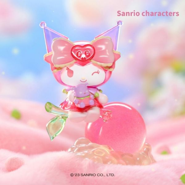 Cheerful Sanrio character Kuromi figurine with pink bows and a heart crown, from the Vitality Peach Paradise Blind Box series.