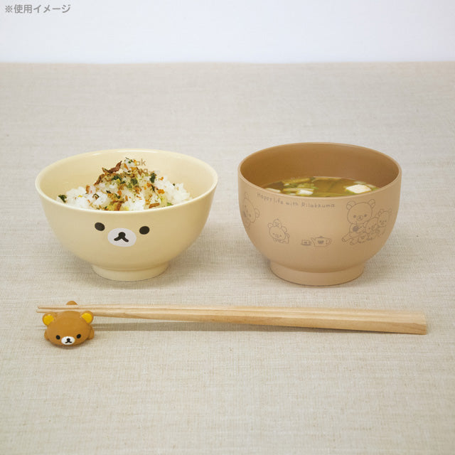 San-X Rilakkuma Beige Bowl shown with rice, paired with matching chopsticks, perfect for enjoying your favorite meals in kawaii style.