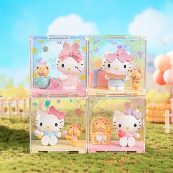 Assortment of Sanrio Hello Kitty Sweetheart Companion figurines in display boxes with pastel backgrounds.