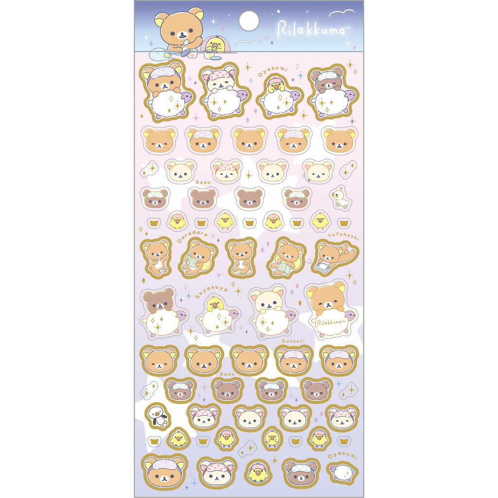 Assorted Rilakkuma stickers displaying various expressions and playful poses, on a gradient background, ideal for decorating and personalizing your stationery and gadgets.