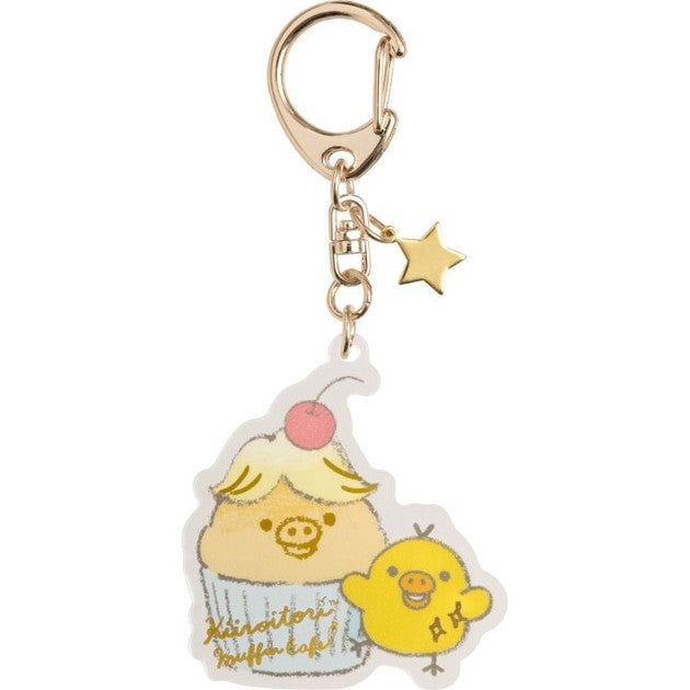San-X Kiiroitori Muffin Cafe-themed key ring with a gold star charm, showcasing a muffin-shaped Kiiroitori and a cheerful yellow bird character.