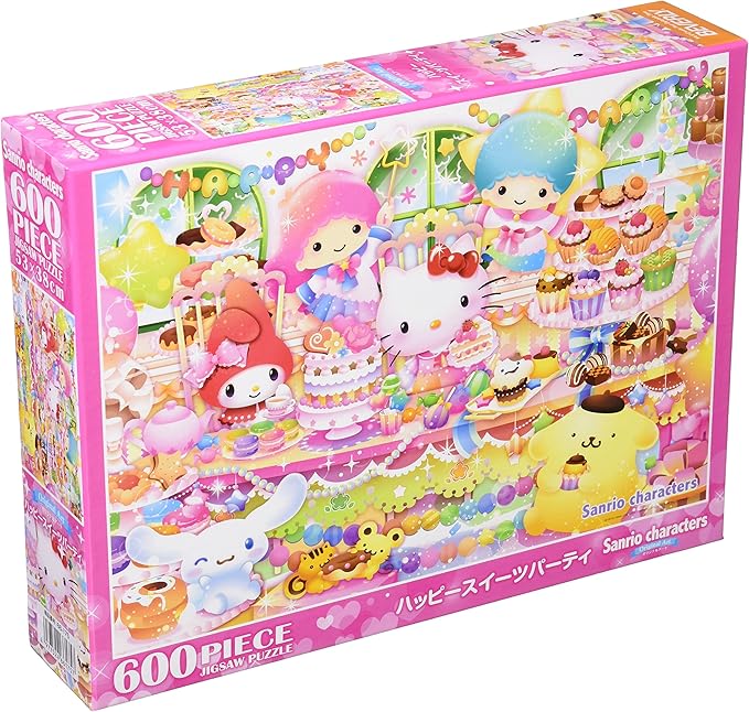 Sanrio Family Happy Sweets Party 600-piece jigsaw puzzle box featuring Hello Kitty, My Melody, Little Twin Stars, and other characters in a colourful dessert party scene.