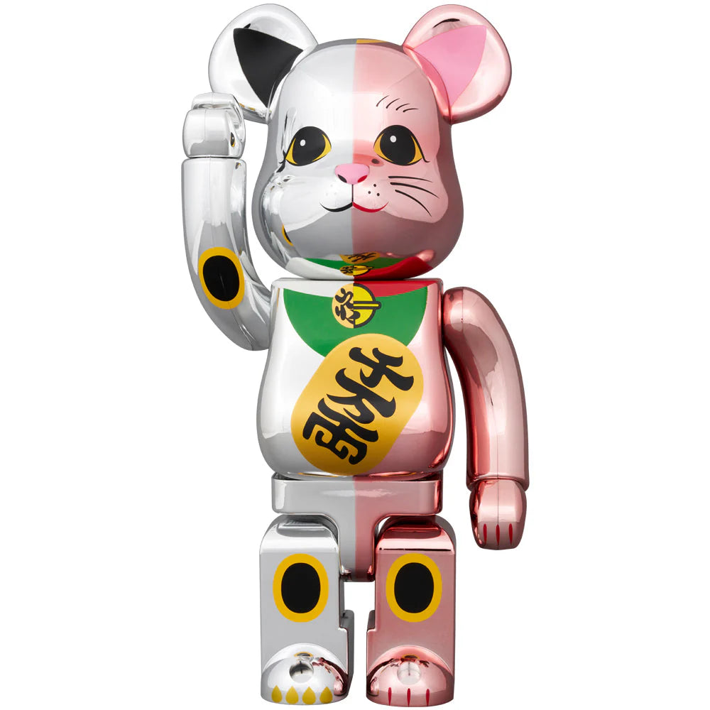 Full view of the larger BEARBRICK Manekineko figure with silver and pink plating and traditional lucky cat details.