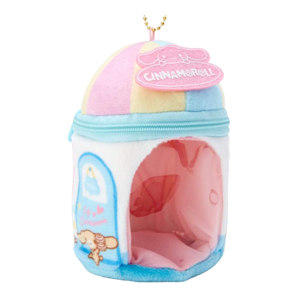 Cinnamoroll plush house charm with pink and blue accents, featuring a clear front panel and gold hanging chain.