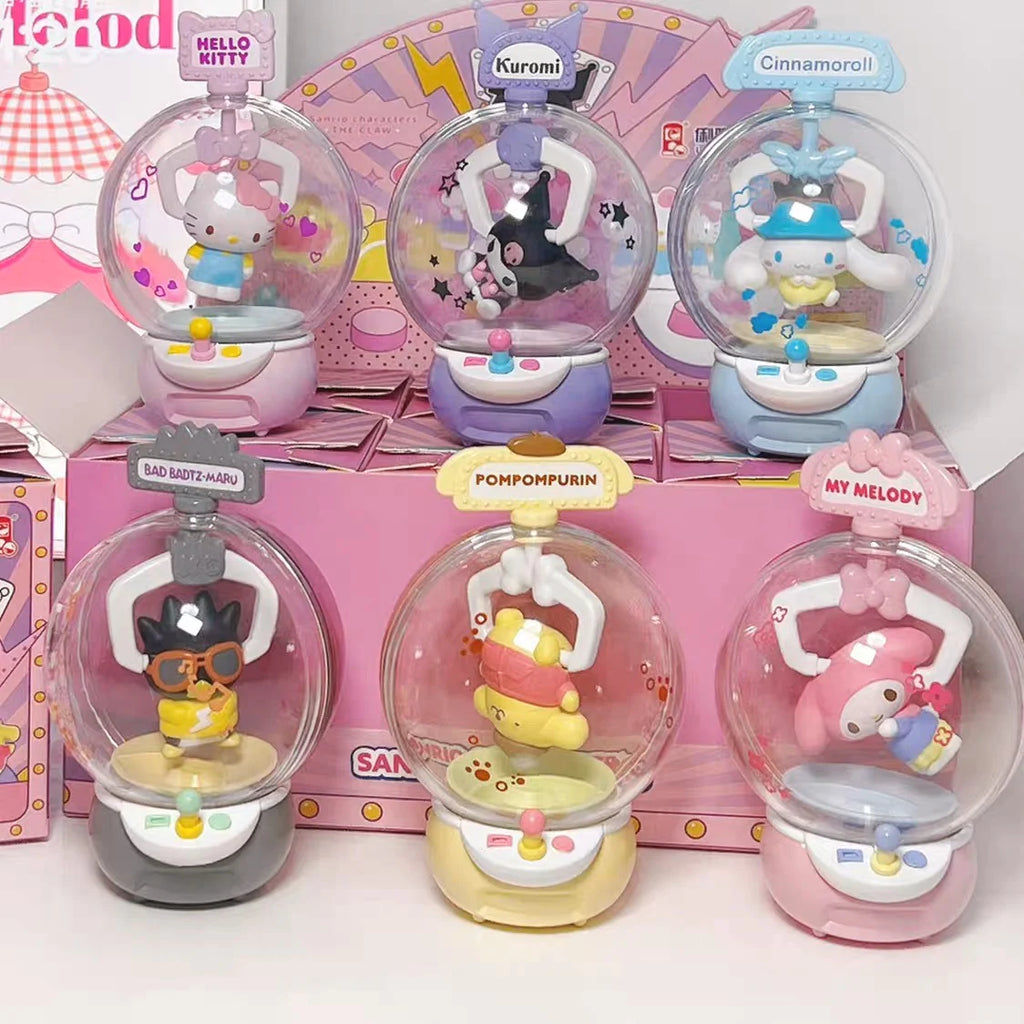 Sanrio The Claw Blind Box with Hello Kitty, Cinnamoroll, Kuromi, My Melody, Pompompurin and Badz Maru placing inside a toy vending machine