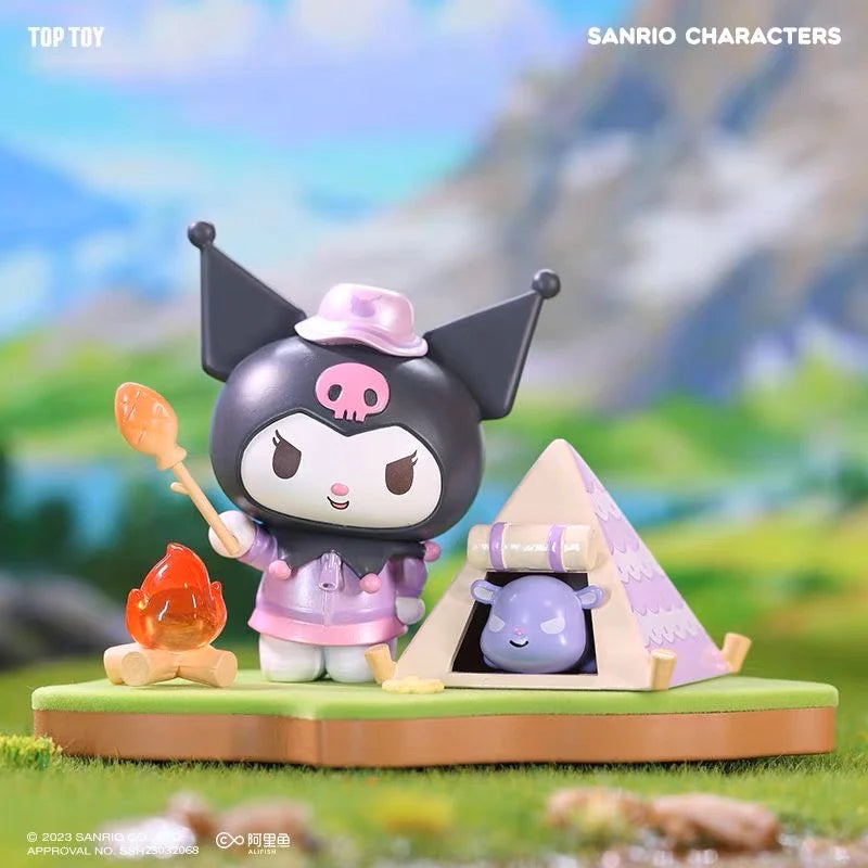 Sanrio Kuromi Blind Box with Kuromi setting up the camp fire next to her tent