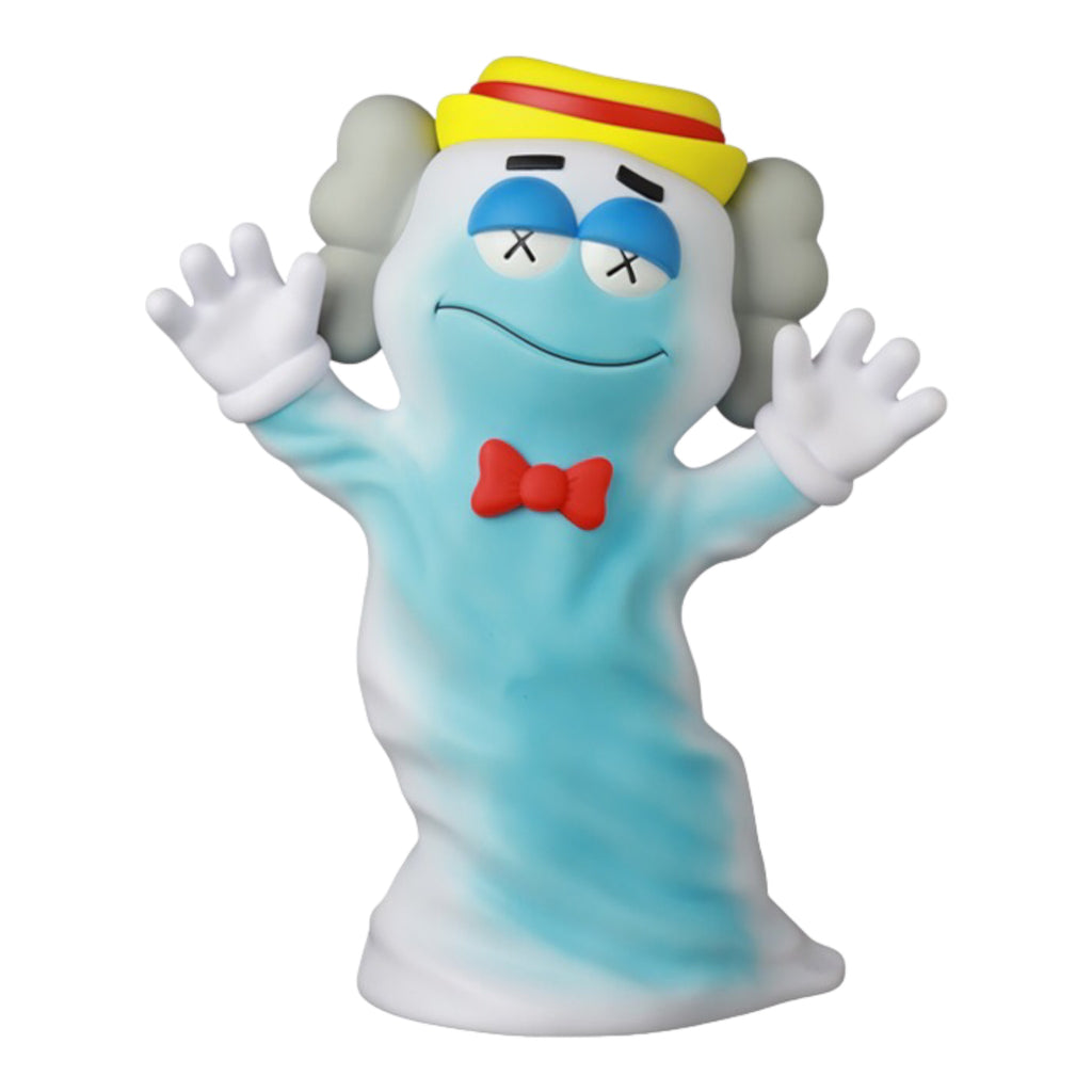 Stylized figure inspired by the iconic 'Boo Berry' character, rendered in a striking blue shade with characteristic crossed eyes and white gloves, waving cheerfully.