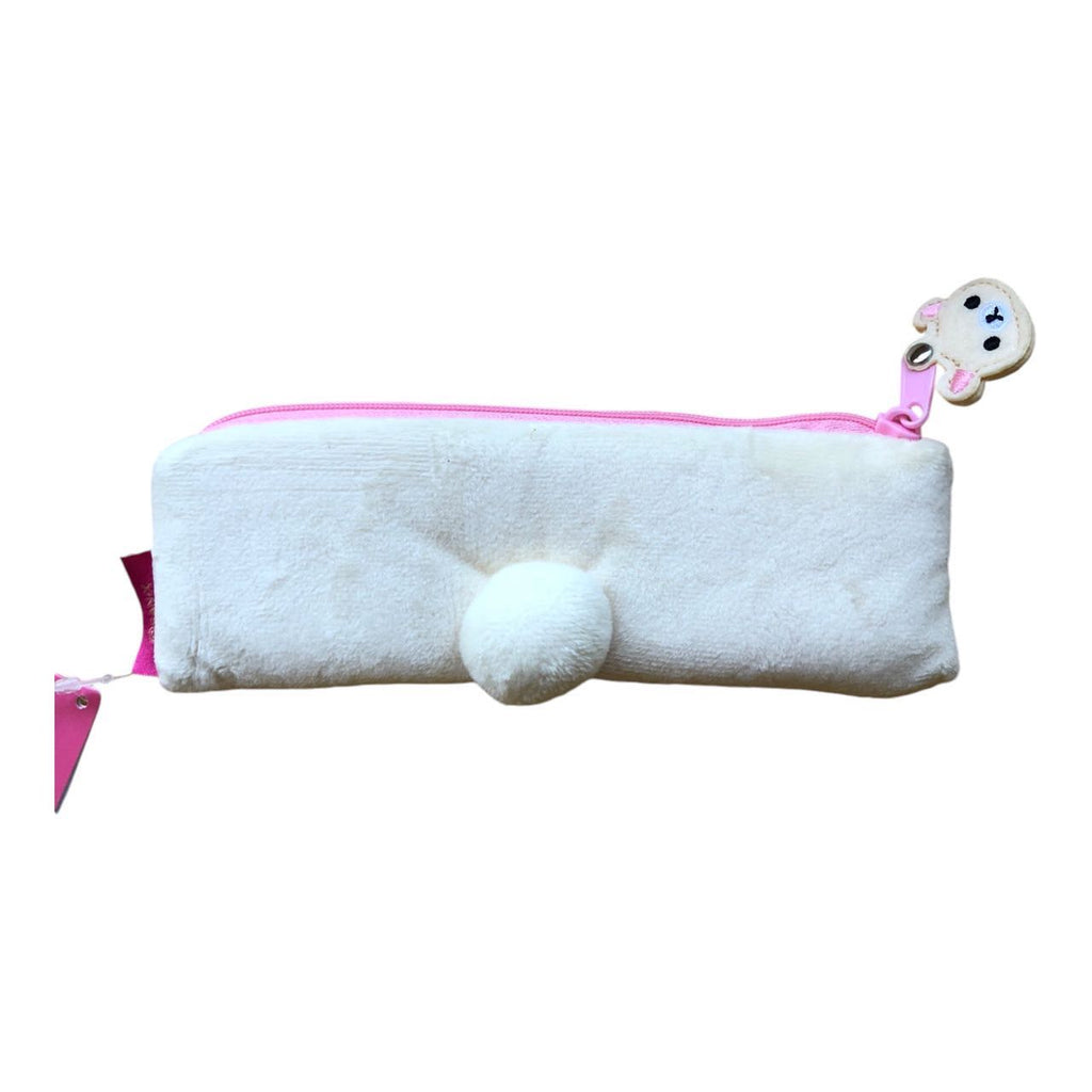 Korilakkuma soft plush pencil case with Korilakkuma body parts accents, back view in white and pink design.