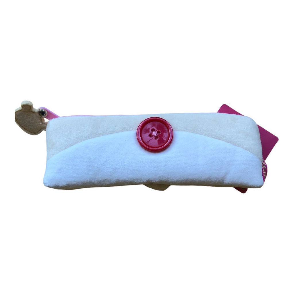 Korilakkuma soft plush pencil case with Korilakkuma body part accents, front view in white and pink design.